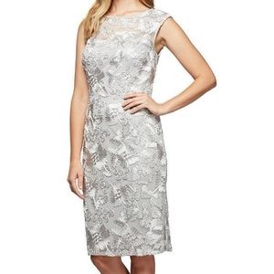 Alex Evenings Silver Floral Midi Dress